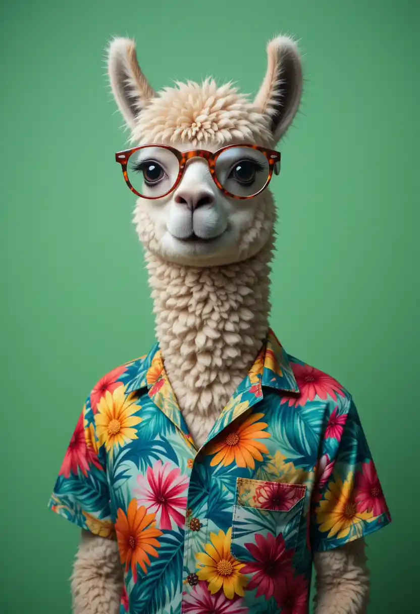 Witziges Alpaka im bunten Hawaii-Hemd und mit Brille