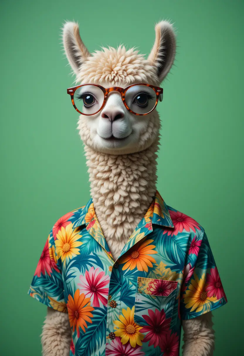 Funny alpaca in colorful hawaiian shirt and glasses