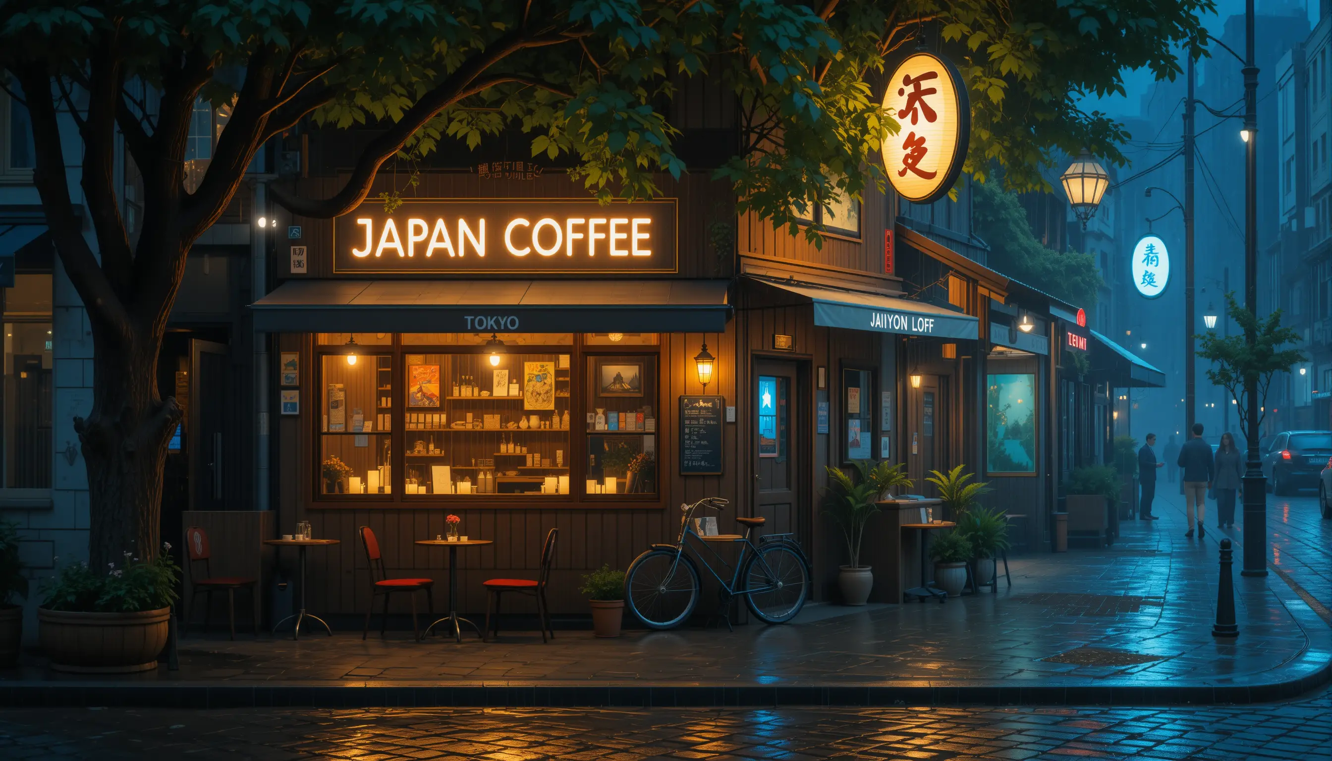 Cozy Anime Street Cafe At Night In Gentle Rain