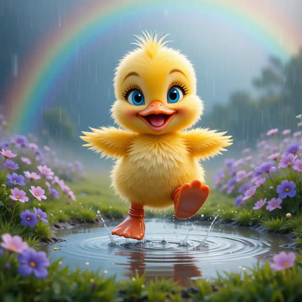 Cute duckling in red boots jumping into a puddle