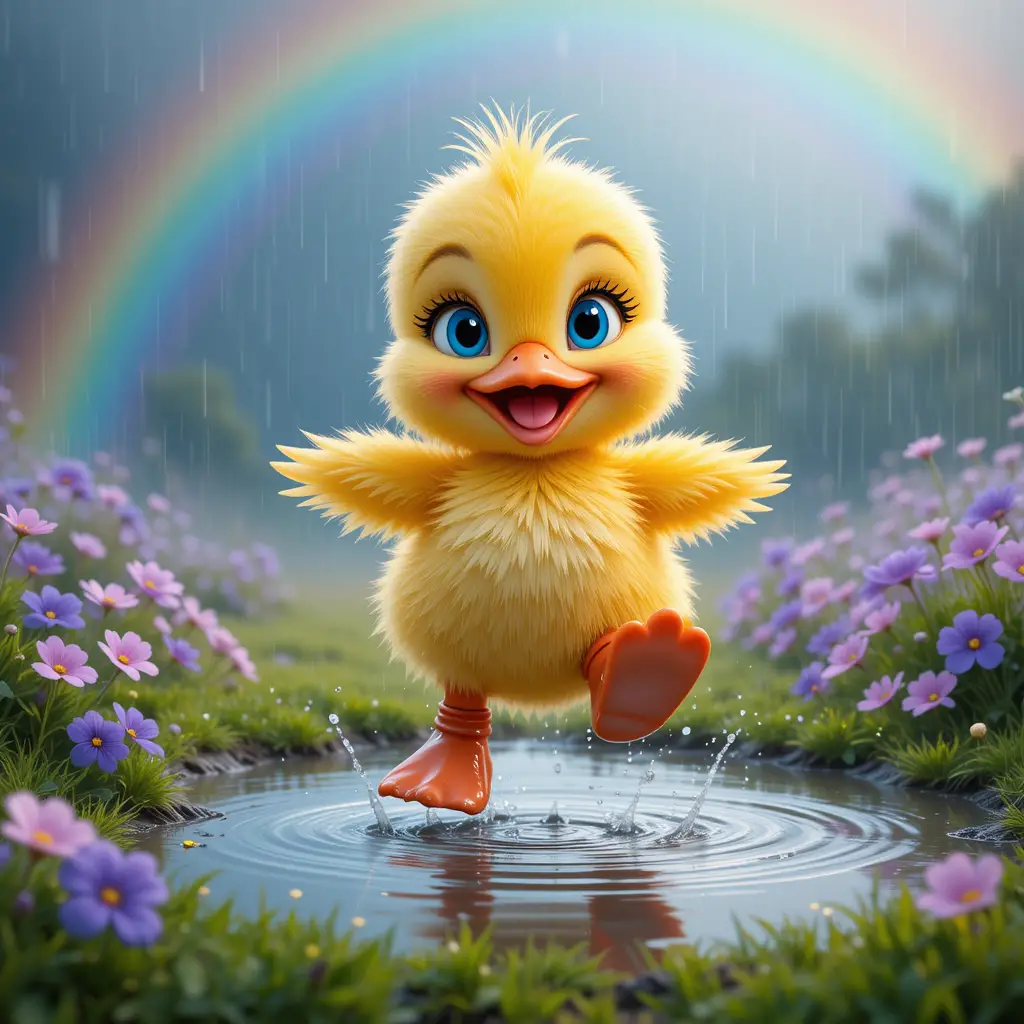 Cute duckling in red boots jumping into a puddle
