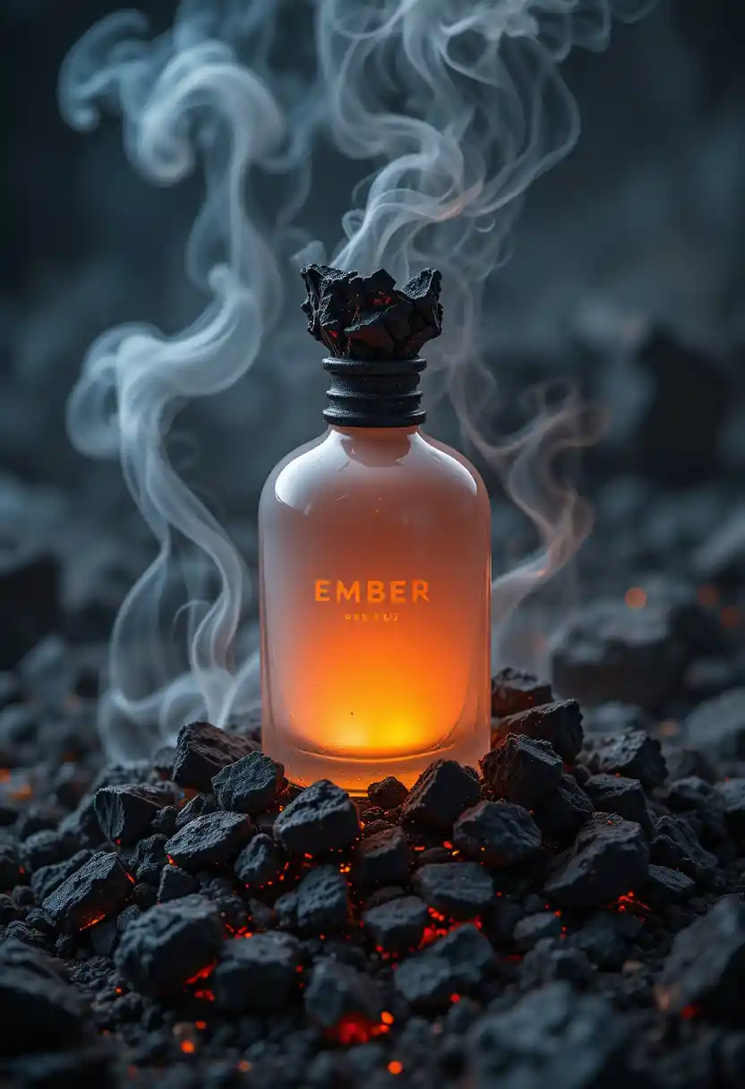 Perfume bottle rising from glowing embers and smoke