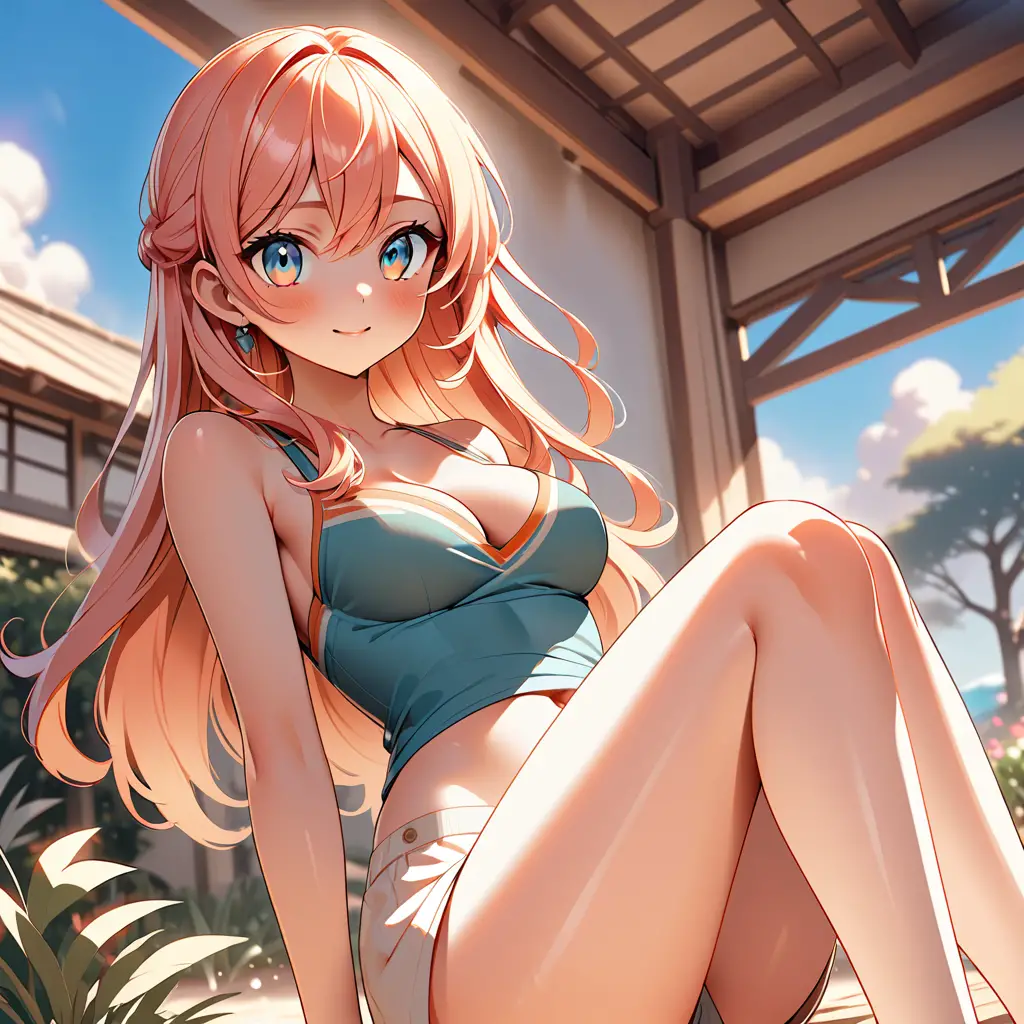 Slender anime woman in blue top in warm outdoor scene