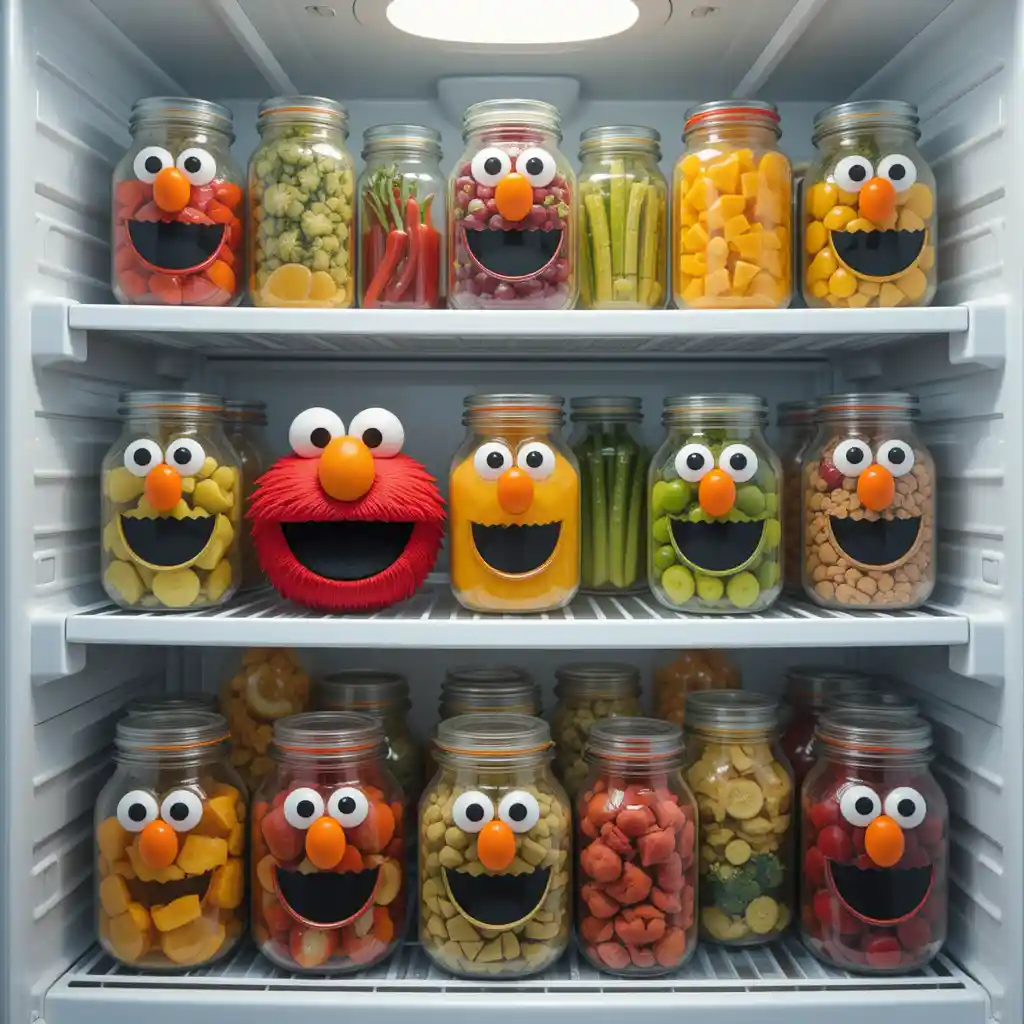 Colorful fridge full of smiling food jars with faces