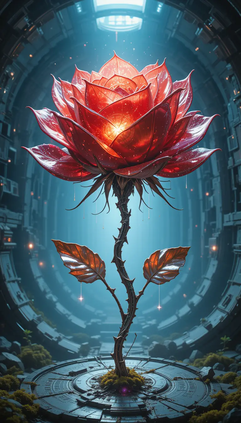 Hybrid eternal rose in a zero gravity space garden