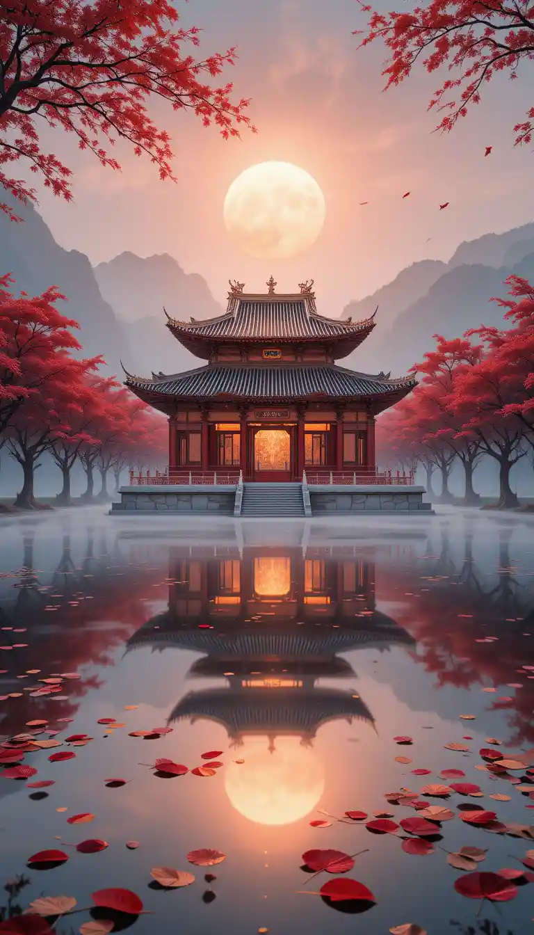 Traditional Chinese temple reflected in a calm lakeside scene