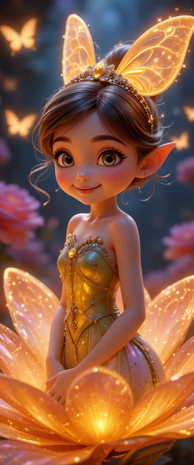 Cute pixar style girl with glowing floral petals