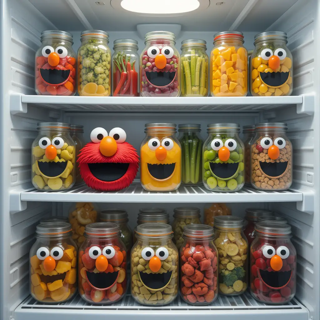 Colorful fridge full of smiling food jars with faces