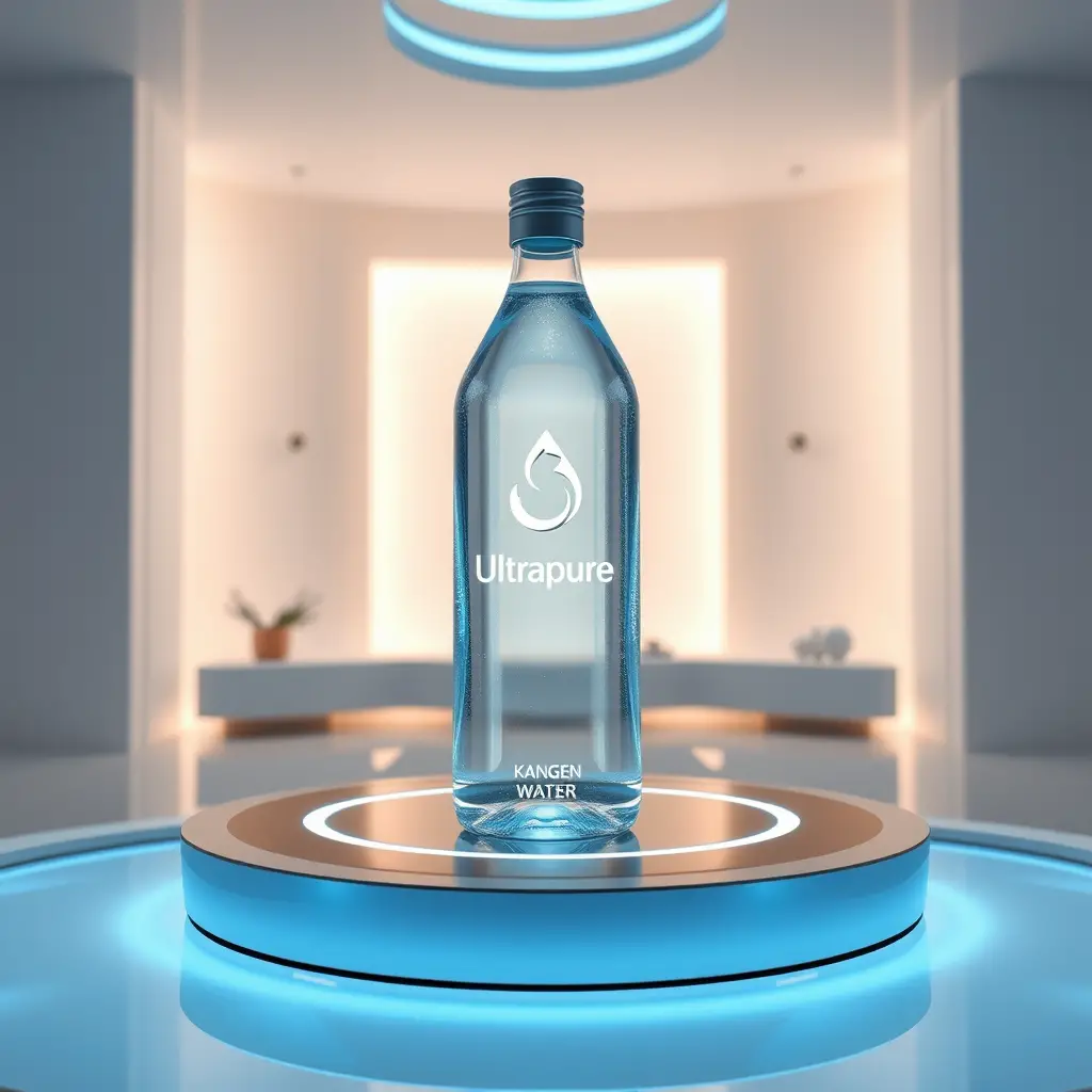 Futuristic crystal water bottle on high tech platform