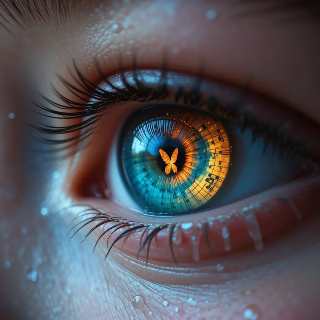 Tearful child eye reflecting a tiny glowing pixie