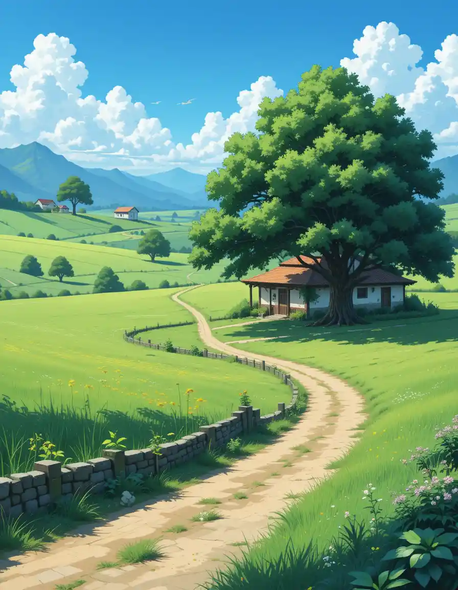 Anime country house beside a lone tree in green fields
