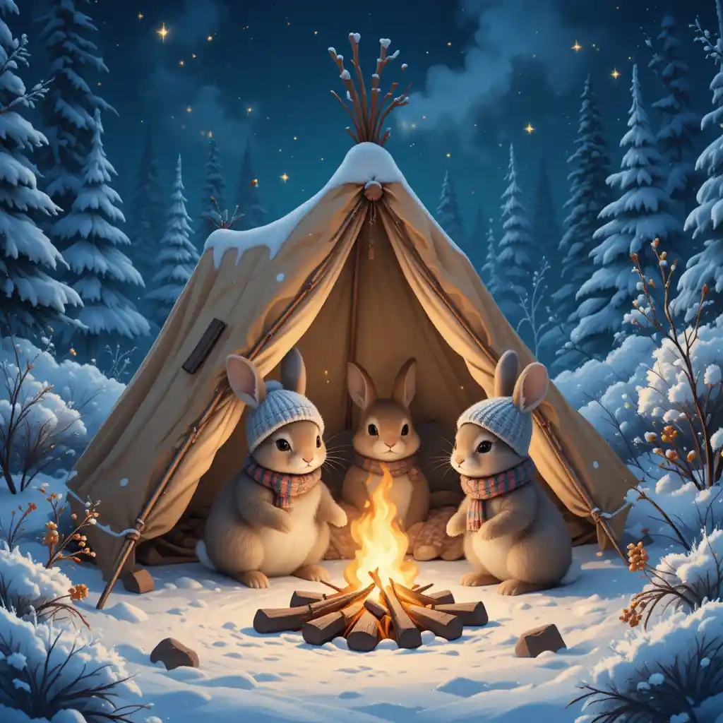 Familia de conejos acampando junto a una fogata en un bosque invernal