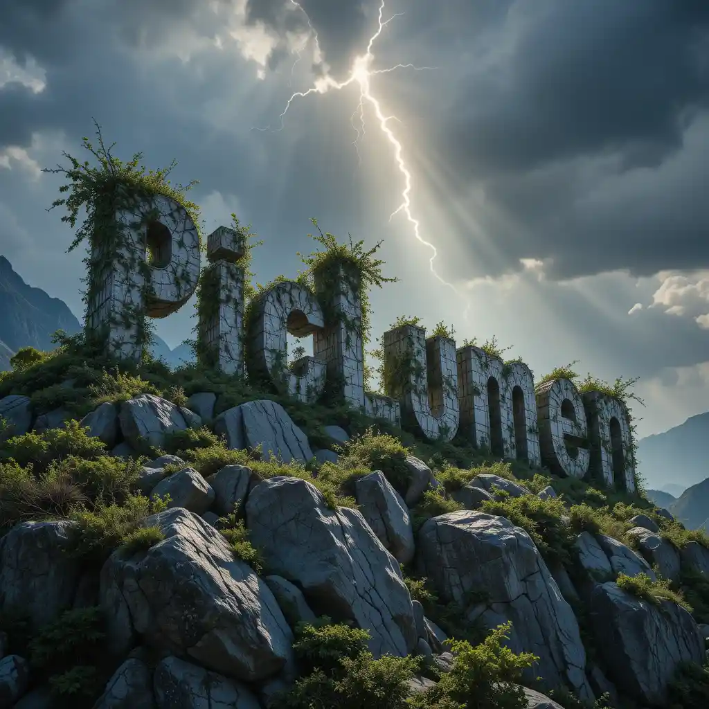 Granite PicLumen letters crowned by vines on a sunlit mountain