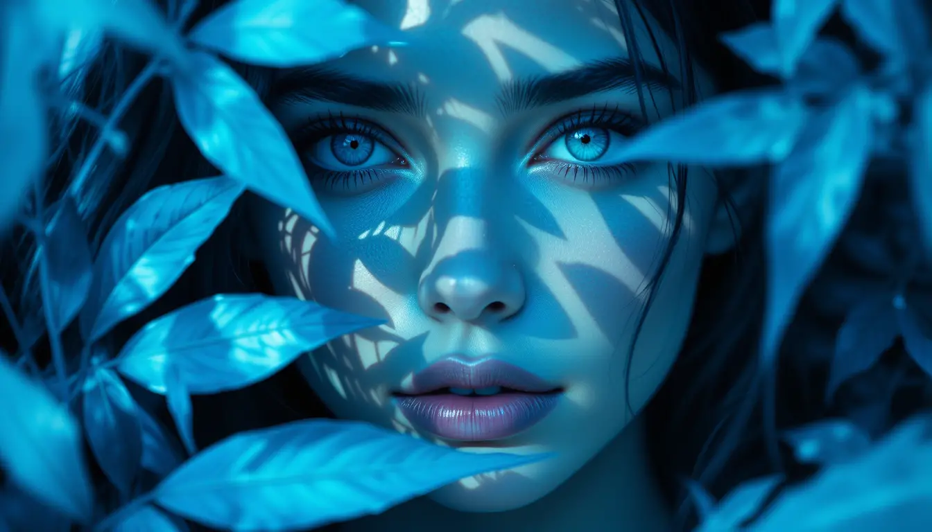 Close up digital portrait of a woman behind blue foliage