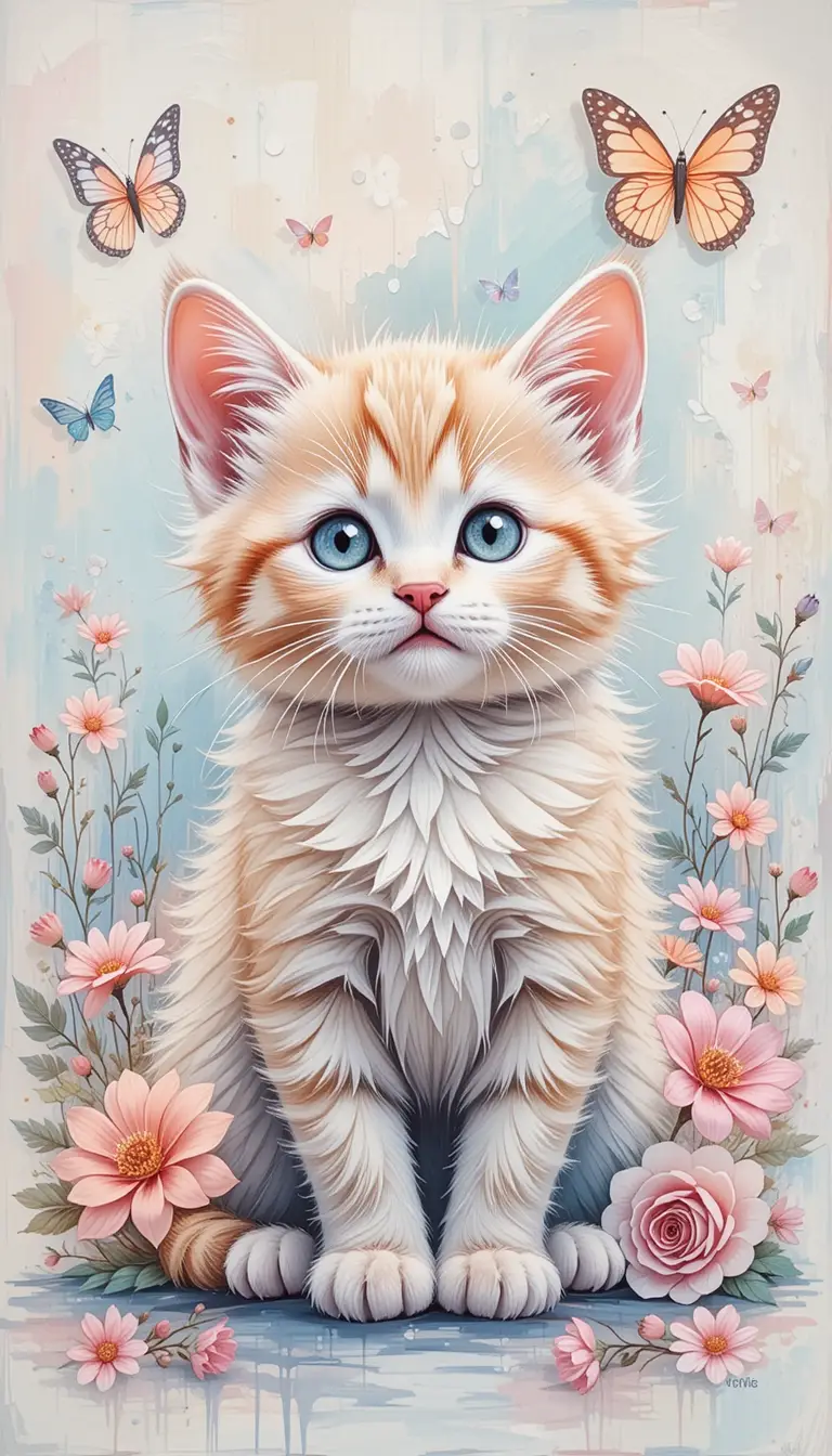 Pastel kitten with flowers and butterflies spring painting