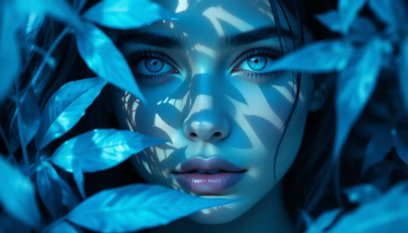 Primo piano di un ritratto digitale di una donna dietro un fogliame blu