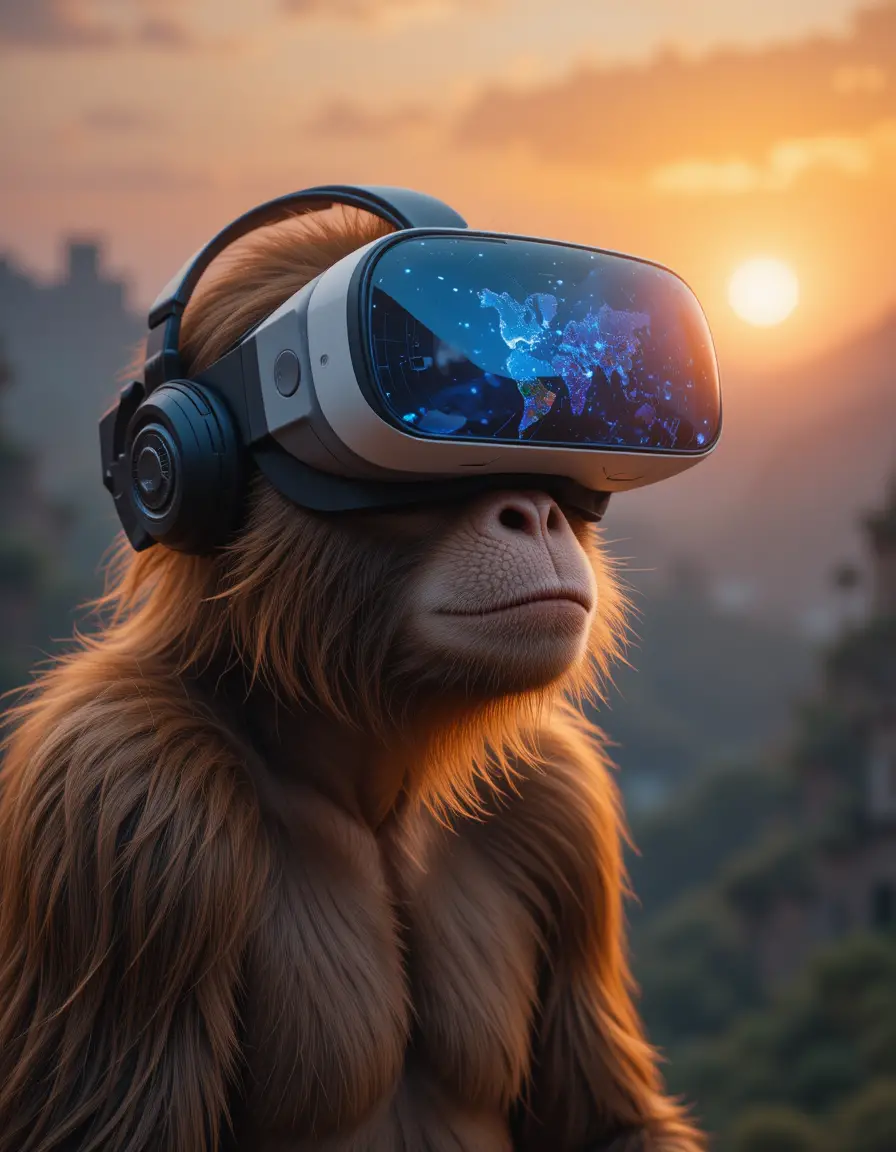 Curious monkey with vr headset in a sunset landscape