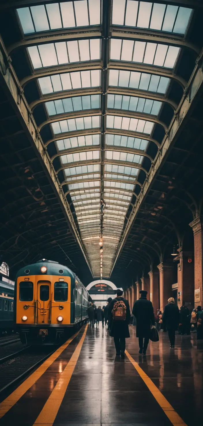 Vintage train station with travelers under colorful evening sky