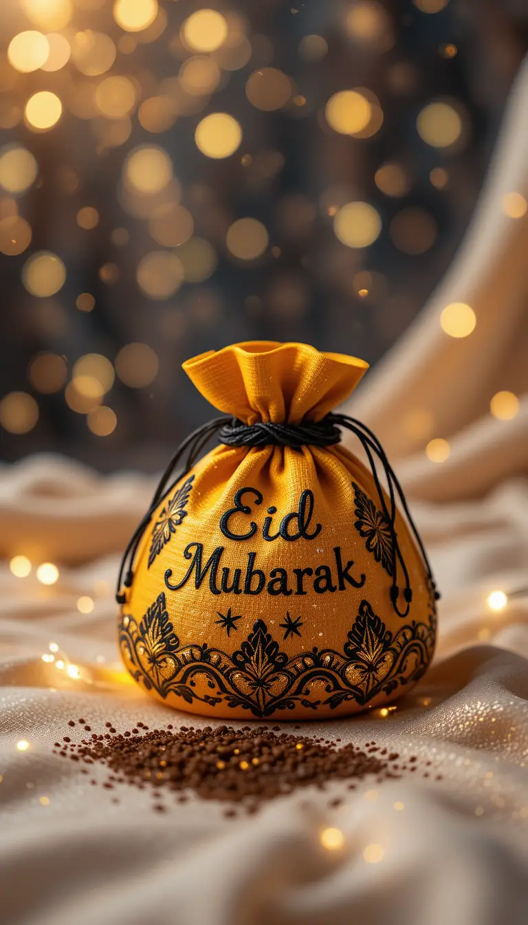 Embroidered yellow Eid gift bag with henna and lights