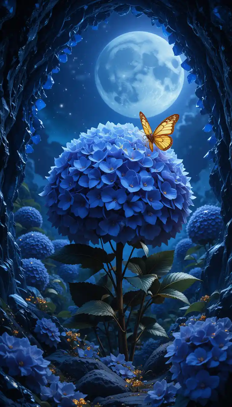 Blue hydrangea glowing under the moonlit night sky