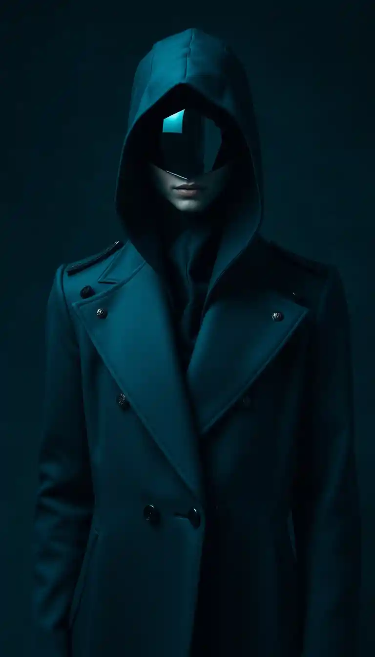 Hooded figure in teal couture with mirrored visor