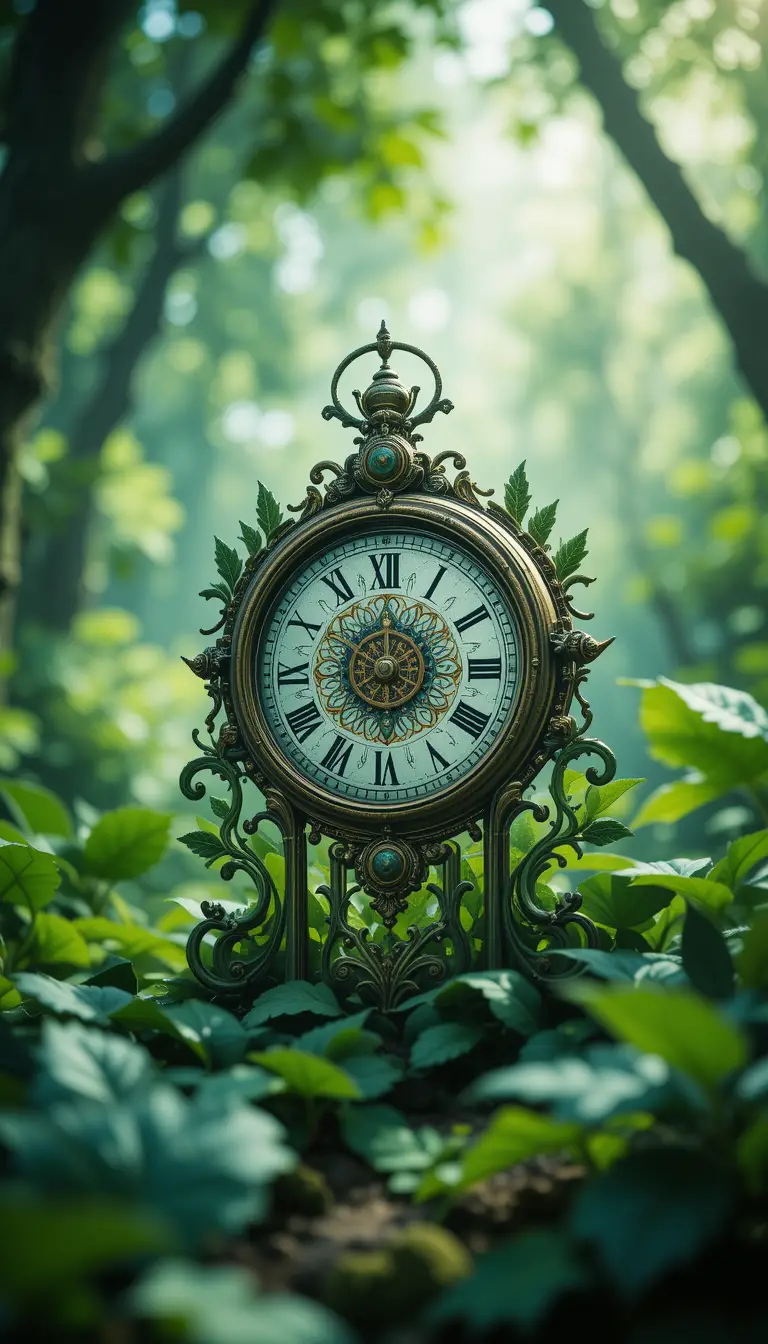 Intricate green clock artwork with nature inspired details