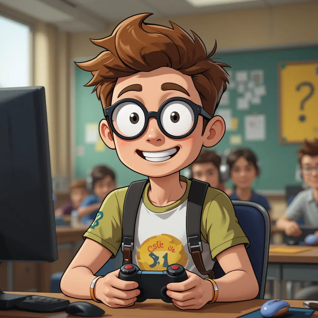 Geek boy gamer helping friend in crazy gym class