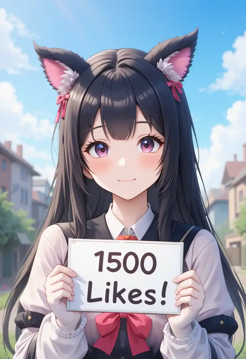 Smiling anime girl holding a 1500 likes sign