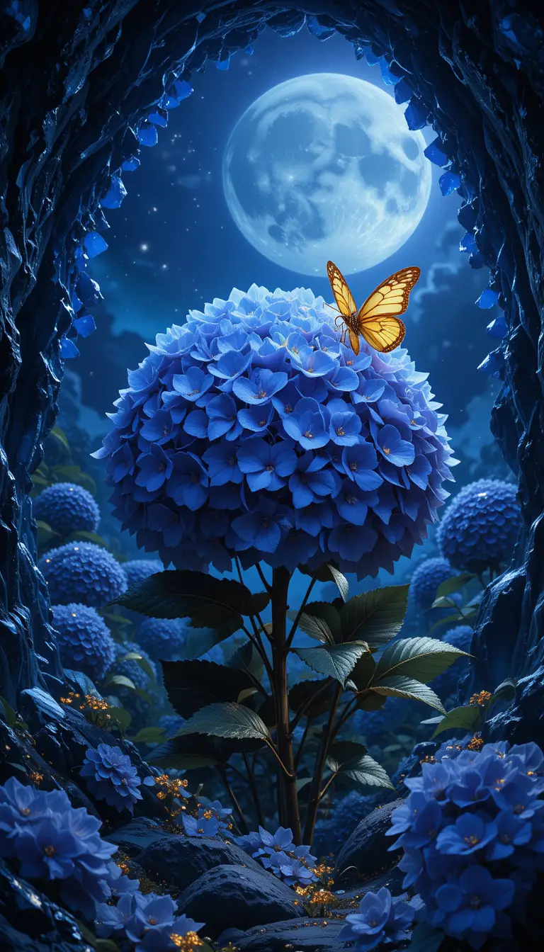 Blue hydrangea glowing under the moonlit night sky