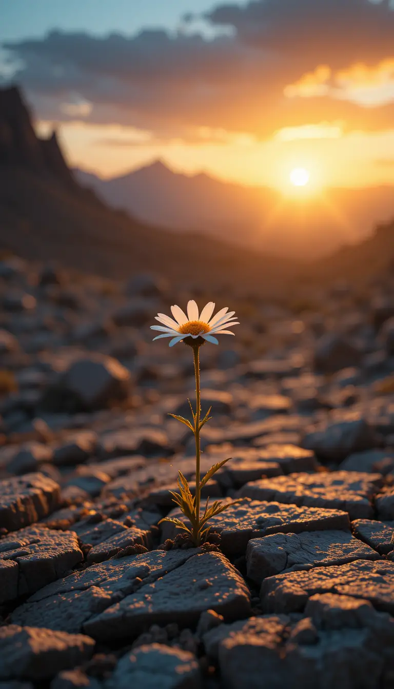Single daisy blooming in rocky desert at sunset