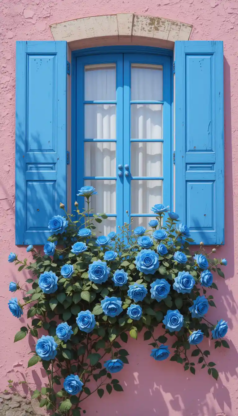 Blue window framed by roses on a pink stucco wall