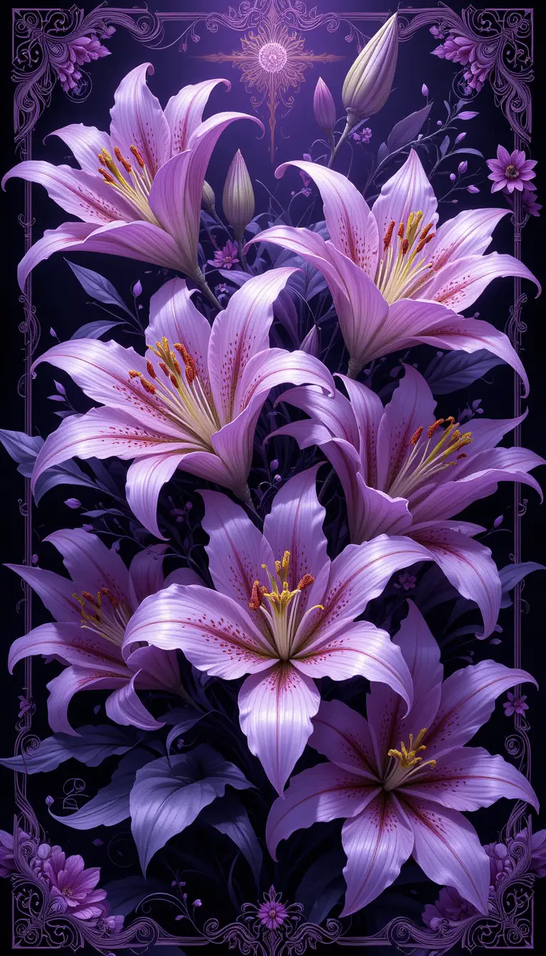 Fantasy lilies in a detailed violet digital illustration