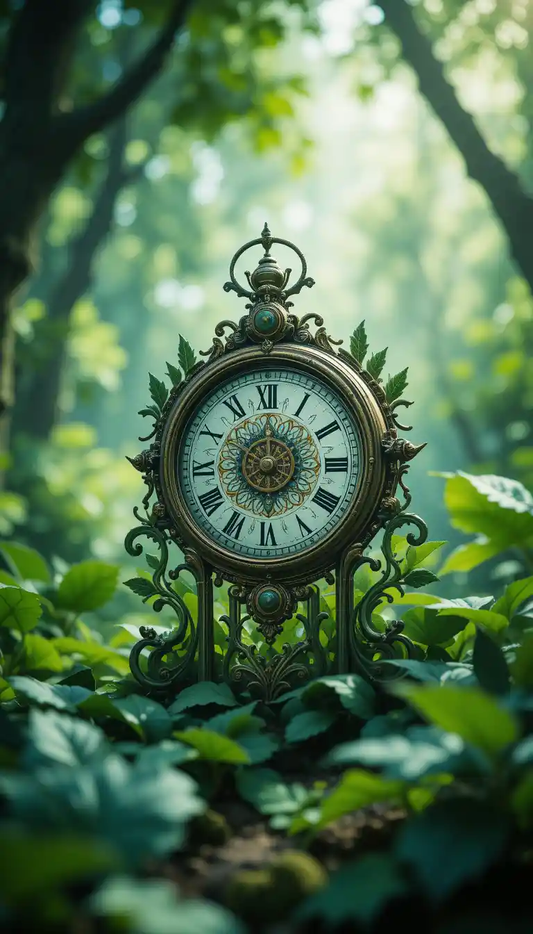Intricate green clock artwork with nature inspired details