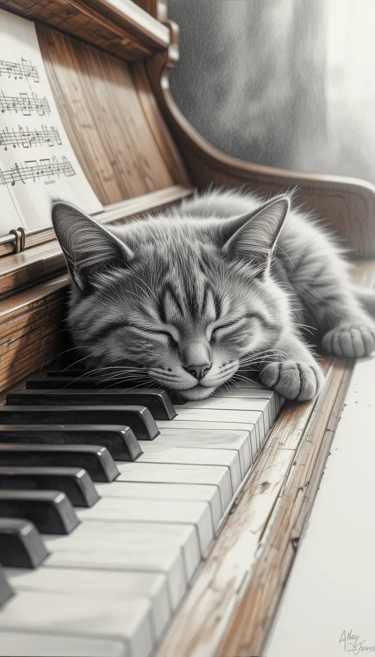 Sleeping british cat resting on piano keys drawing