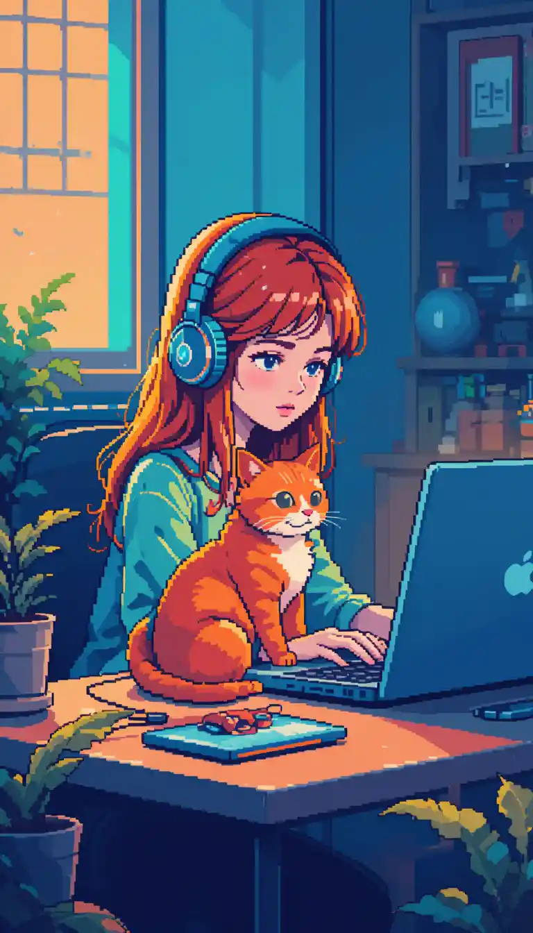 Pixel art girl coding with cat in cozy room