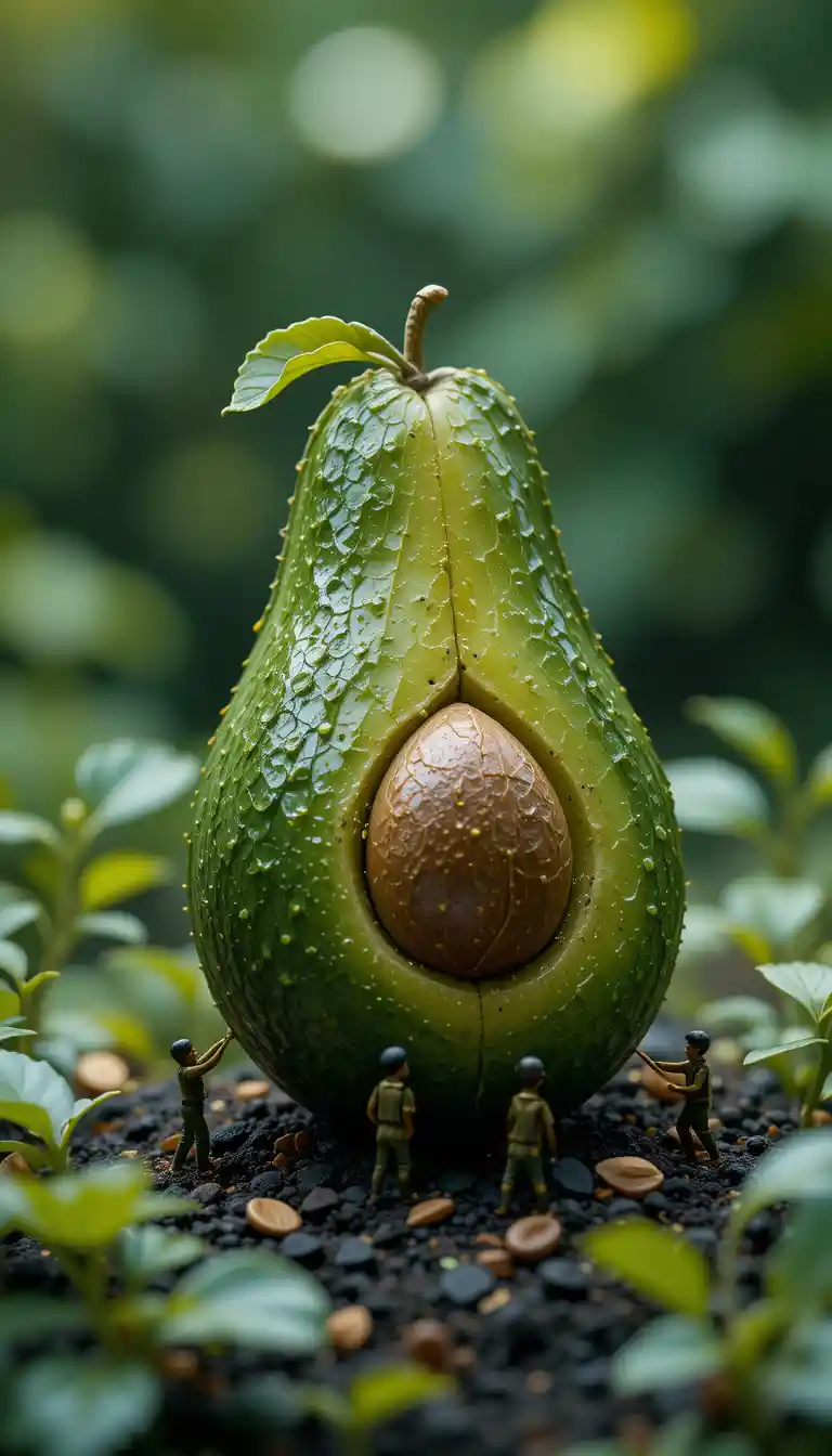 Tiny workers on a giant avocado in dark soil