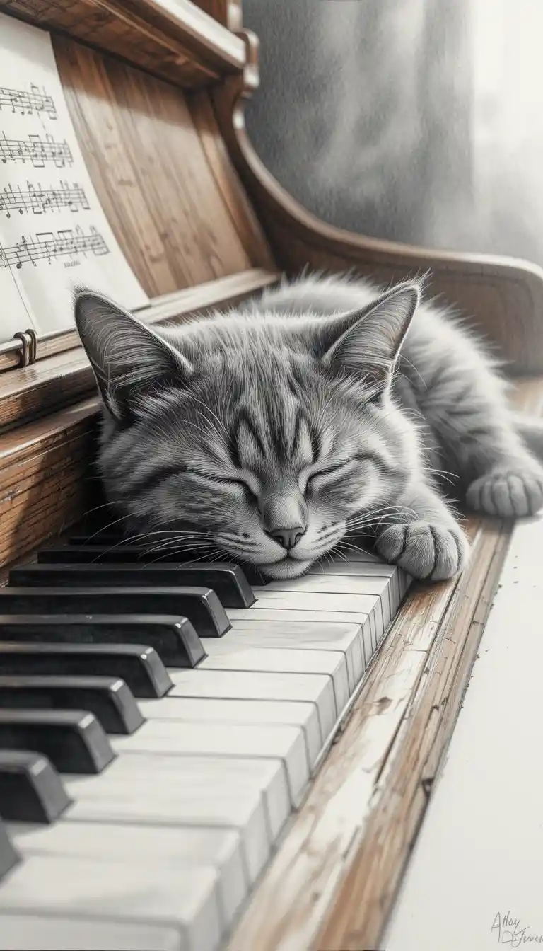 Sleeping british cat resting on piano keys drawing