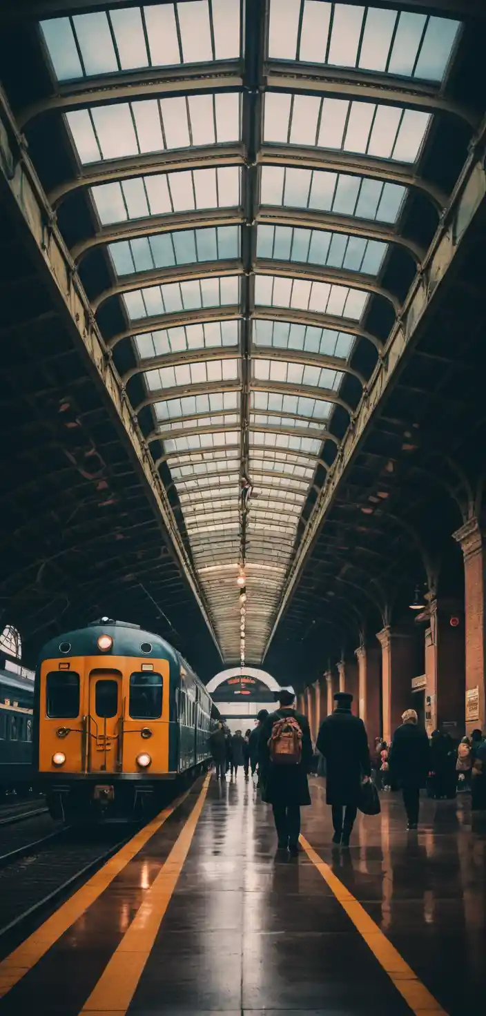 Vintage-Bahnhof mit Reisenden unter farbenprächtigem Abendhimmel