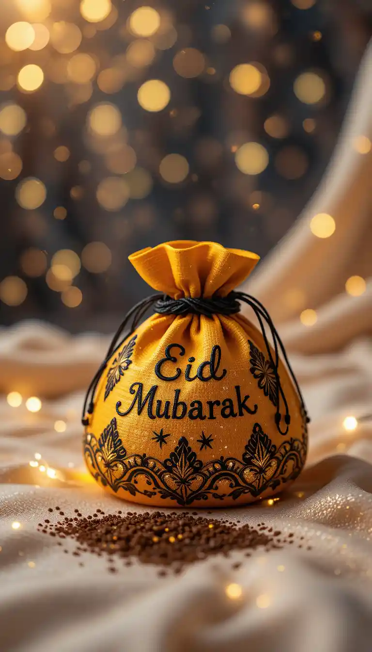 Embroidered yellow Eid gift bag with henna and lights