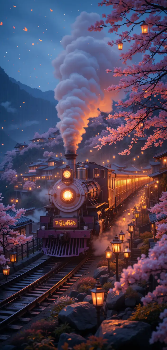 Twilight train with glowing lanterns crossing rainy valley