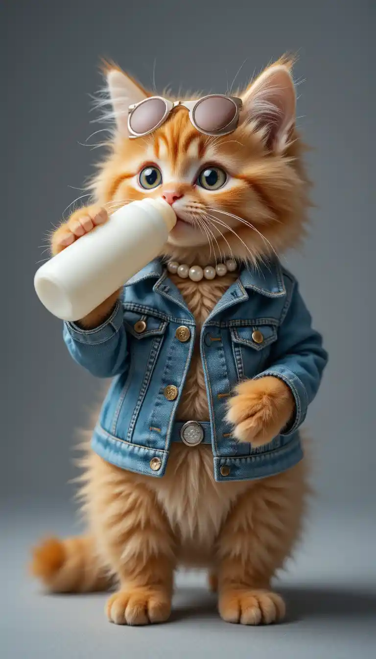 Stylish orange kitten drinking milk from a bottle