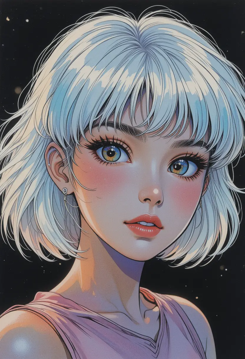 White haired anime girl in dreamy colorful illustration