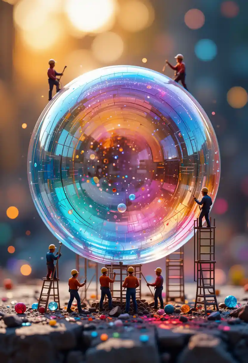 Miniature workers sculpting a giant iridescent soap bubble