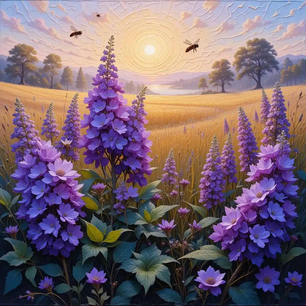 Impasto Purple Flowers In Morning Light Oil Painting