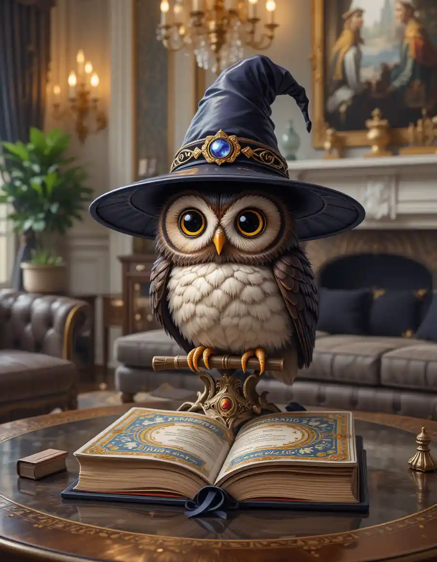 Cute witch owl illustration in a luxurious living room