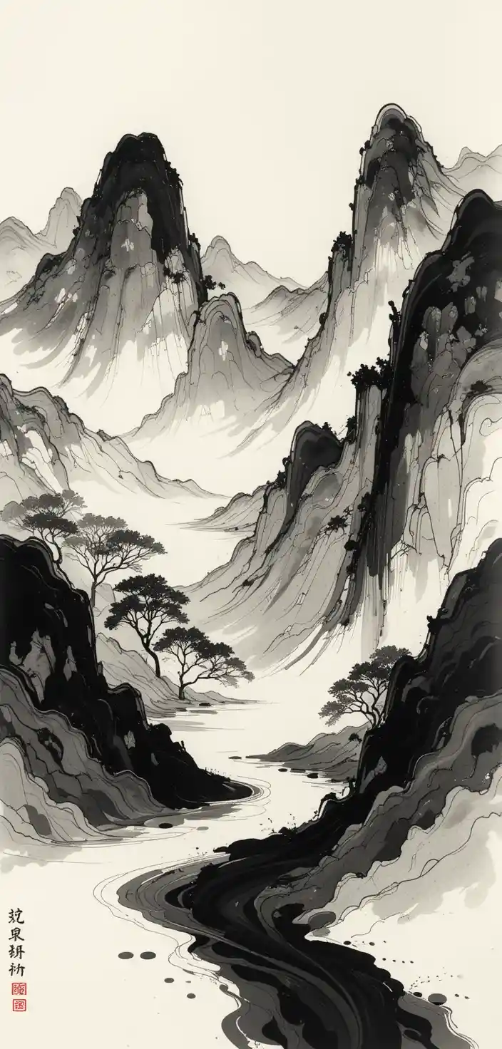 Minimalist Chinese ink wash landscape illustration on paper