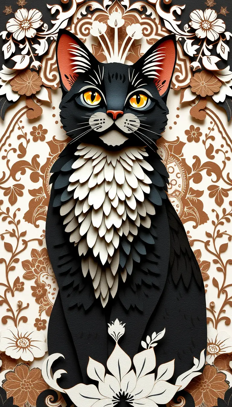 Layered papercut illustration of graceful peacocks with patterns