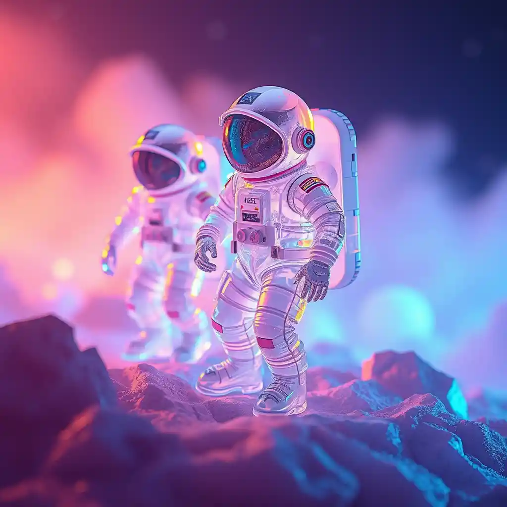 Crystal astronaut on glowing ethereal moonlit planet