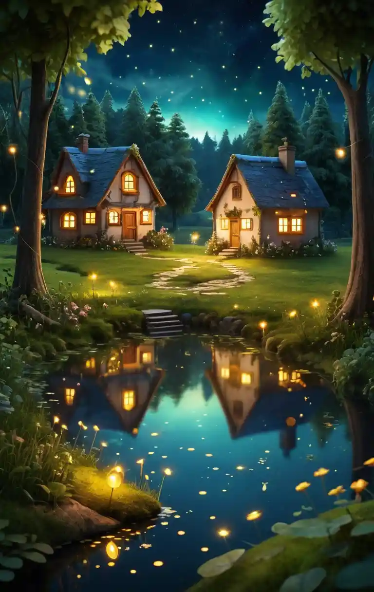 Magical fairy forest village with glowing fireflies