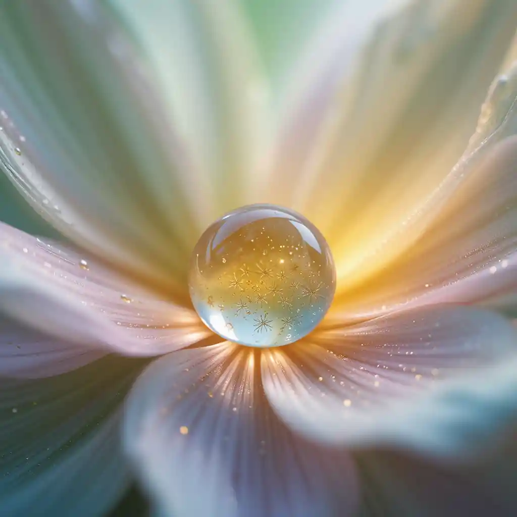 Macro droplet on flower petal with glowing abstract background